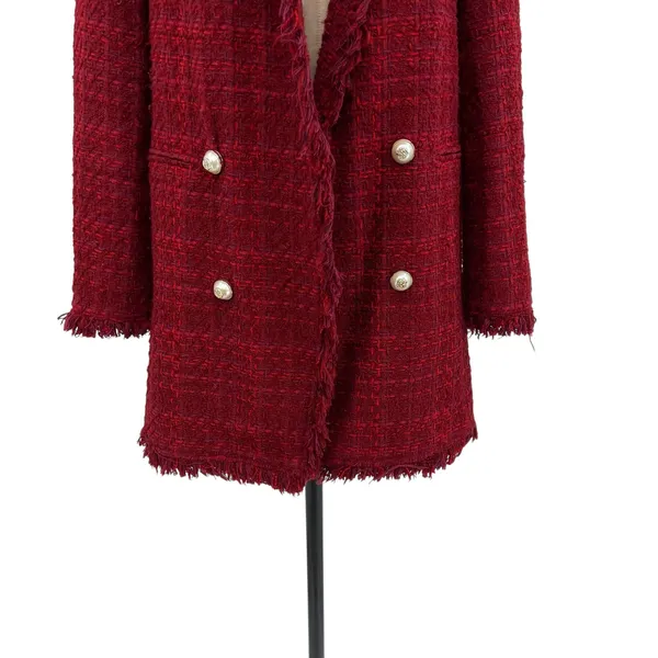 Zara Tweed Blazer Jacket‎ Coat Gold Buttons Frayed Hem Red Size Small - Image 7
