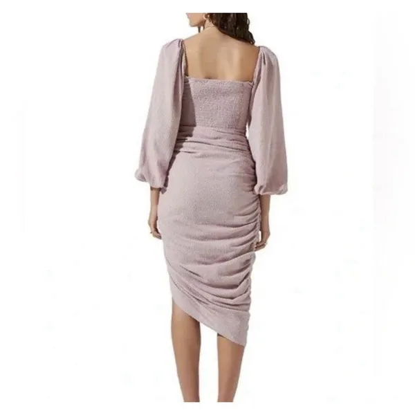 ASTR the Label Athens Ruched Puff Sleeve Shimmer Midi Dress Pink S - Image 4