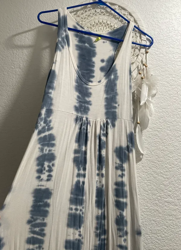 Natural Tie Dye COTTON Maxi Dress Blue/White Women's sz M Boho Style Made in CA - Image 5