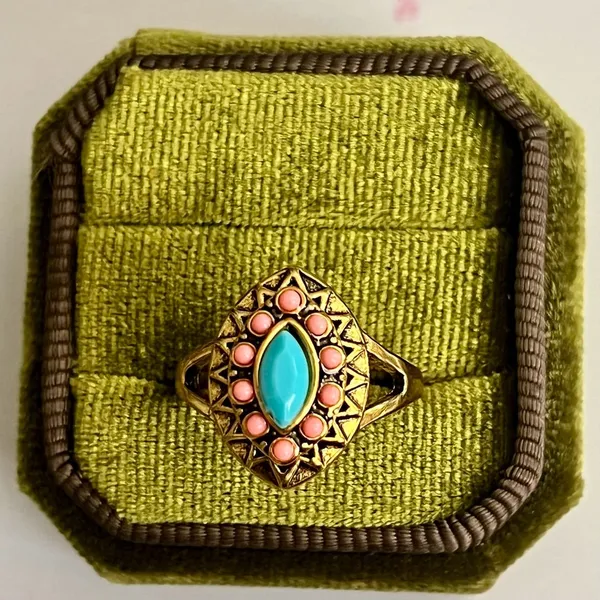 Pink Evil Eye with Teal Center Ring Titanium Steel Gold Tone Statement Ring Siz - Image 2