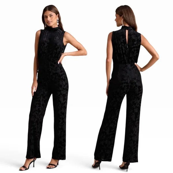 Lulus Micola Black Velvet Jacquard Mock Neck Jumpsuit size Large NWT - Image 2