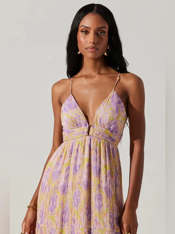 ASTR Minari Pleated Floral Maxi Dress Medium Purple Wedding Guest Garden Party - Image 5