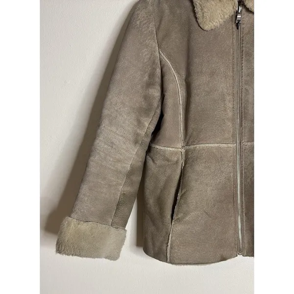 Guess Shearling Jacket Women's Tan Faux Fur Lined Suede Leather Coat Medium - Image 3