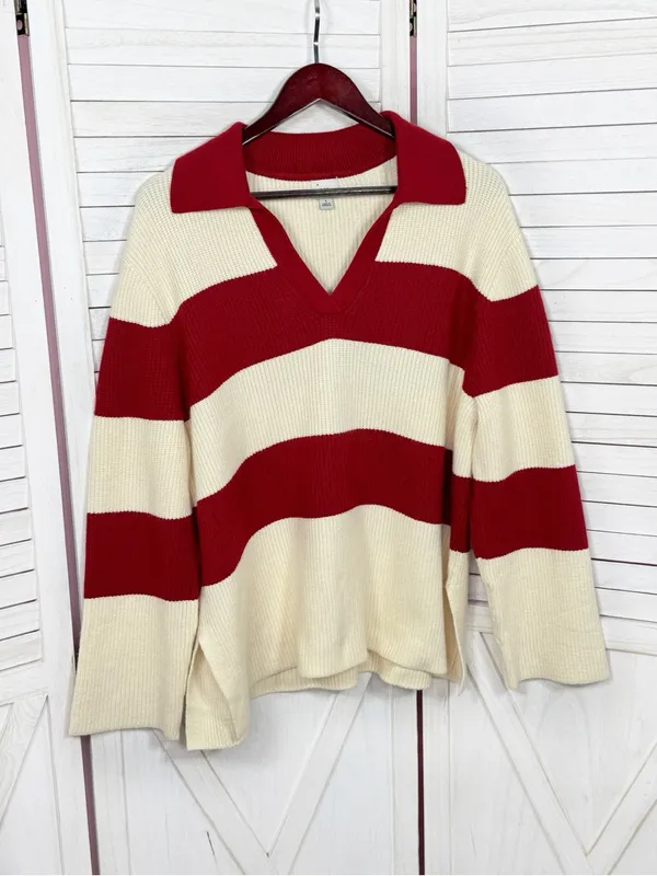 A New Day Rugby Stripe Polo Collar‎ Oversized Sweater Cream Red Large Preppy - Image 8