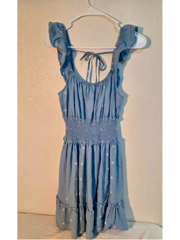 Threadgrit Star Print Ruffle Sleeve Smocked Waist Chambray Mini Dress Small W263 - Image 2