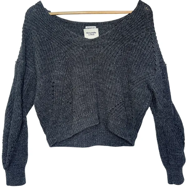 Abercrombie & Fitch Gray Open Knit Long Sleeve Pullover V-Neck Sweater Size S - Image 2