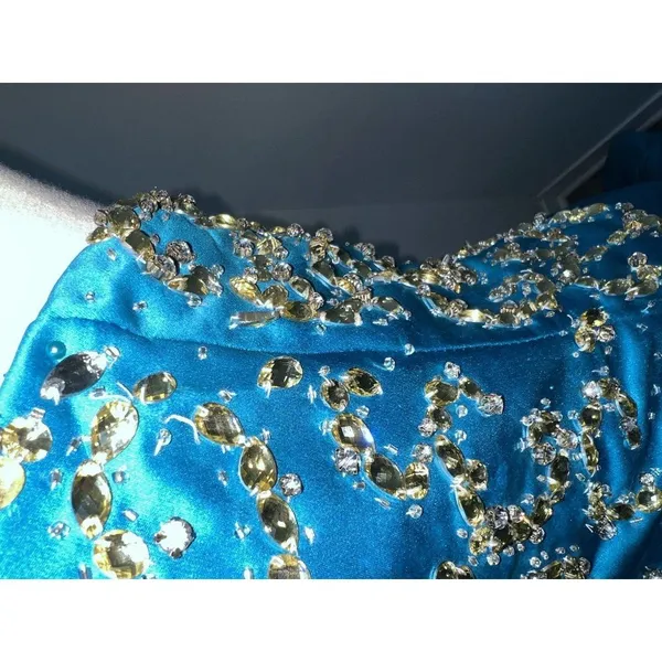 Sherri Hill Strapless Mermaid Style Prom Dress Gown Size 4 Gold Beaded Turquoise - Image 5