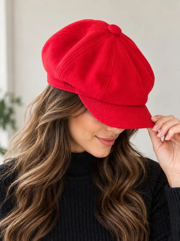 Vintage-Style Red Newsboy Cap Hat Soft Suede-Feel Brushed Finish Retro - Image 2