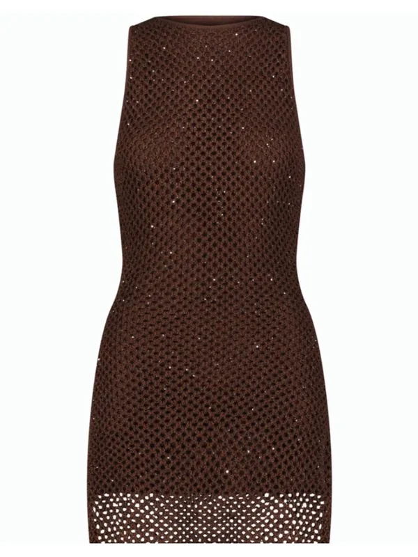 The Noli Shop Seraphina Brown Espresso Crochet Sleeveless Dress, Size S - Image 6
