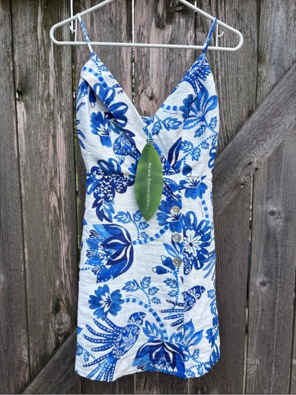 NWT FARM Rio Linen Faux Wrap Floral Birds Dress White Blue Size XS Retail $185 - Image 5