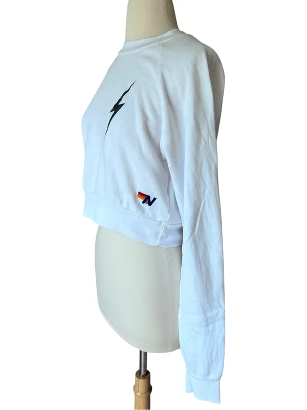 Aviator Nation White Cropped Sweatshirt Small Lightning Bolt Raglan Pullover USA - Image 4