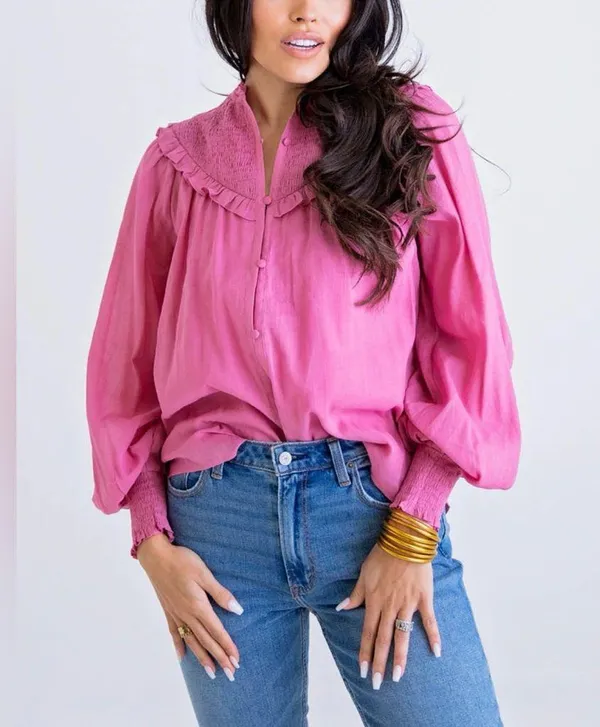 Karlie‎ Large Pink Linen Smock Top Button Up Long Sleeve Lightweight Ruffle NWOT - Image 3