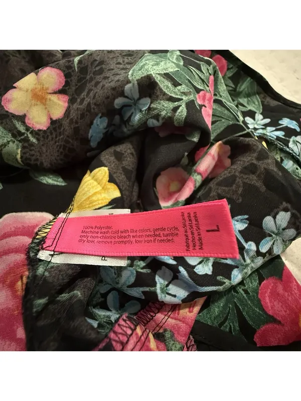 Betsey Johnson Chemise Slip Nightie L Large Black Multi Color Floral Ruffle Hem - Image 7