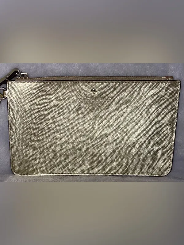 Kate Spade Gold Saffiano Leather Wristlet Clutch Wallet Pouch Polka Dot Lining - Image 3