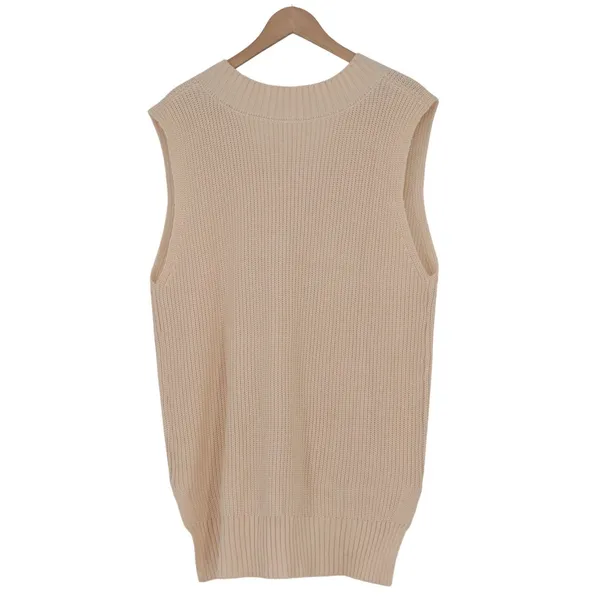 Cream V-Neck Ribbed Knit Oversized Sweater Vest Sleeveless Pullover Medium - Image 4