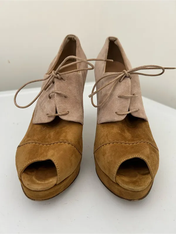 J Crew Peep Toe Suede Oxford Heels Tan Camel Two Tone Size 8 - Image 4
