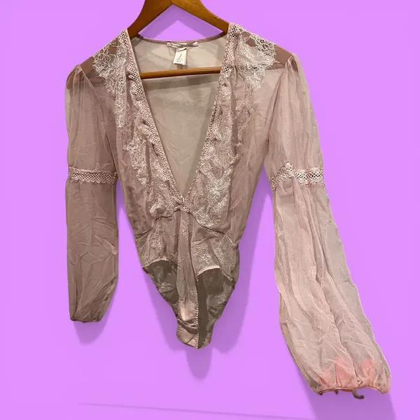 Cute sexy pink blush lace mesh bodysuit deep v-neck Victoria’s Secret festival - Image 2