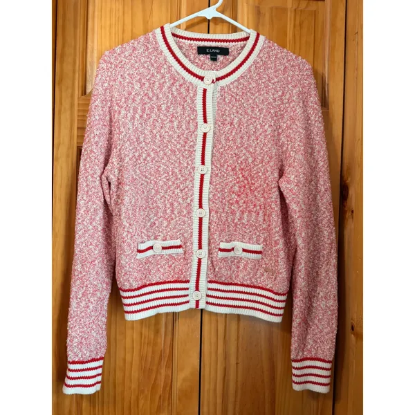 Vintage E-Land Club Marled Knit Cardigan Womens M Red White Button Front Varsity - Image 3