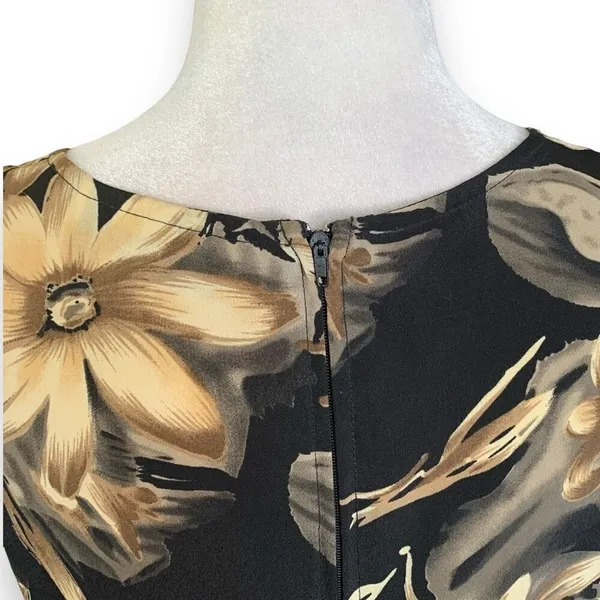 Vintage 90s Maxi Dress Black Tropical‎ Dark Floral Brown Sleeveless Bow Detail - Image 6
