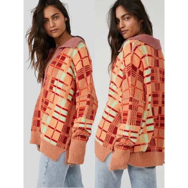 Free People Retro 70s Oversized Plaid Ruben Pullover Tunic Sweater Size Medium - Image 4