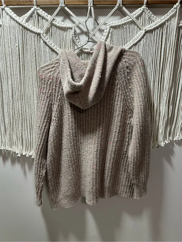 aerie Taupe Knit Hooded Crewneck Sweater with Pink Speckle - Image 3