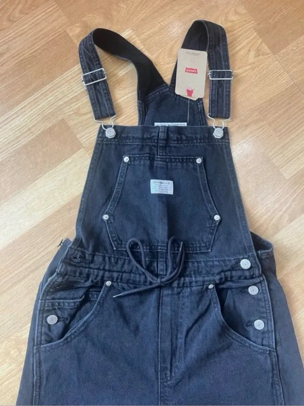 Levi’s Black Denim Wide Leg Apron Front Tie Overalls Medium Womens - Image 2