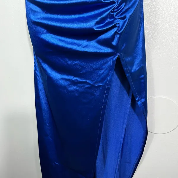 Liz & Sara Royal Blue Shiny Satin Ruched High Leg Slit Party Dress Large L Prom - Image 2