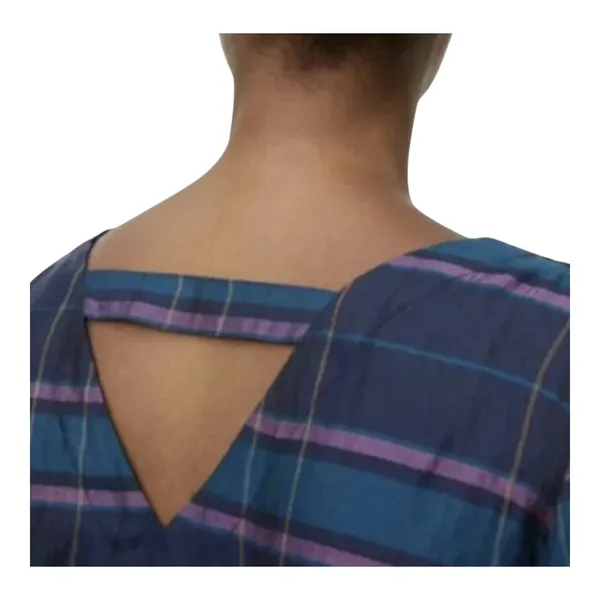 LOFT Plaid Blouse Women Medium Blue Teal Purple‎ Bell Sleeve V-Neck Strappy Back - Image 3