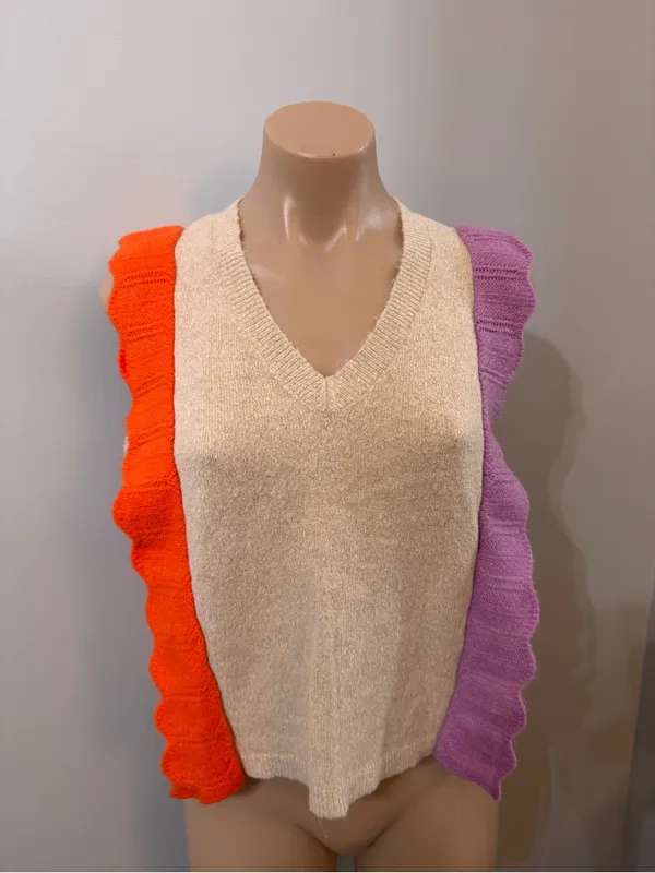 THML Sweater Vest Ruffles Orange Purple Large V Neck - Image 2