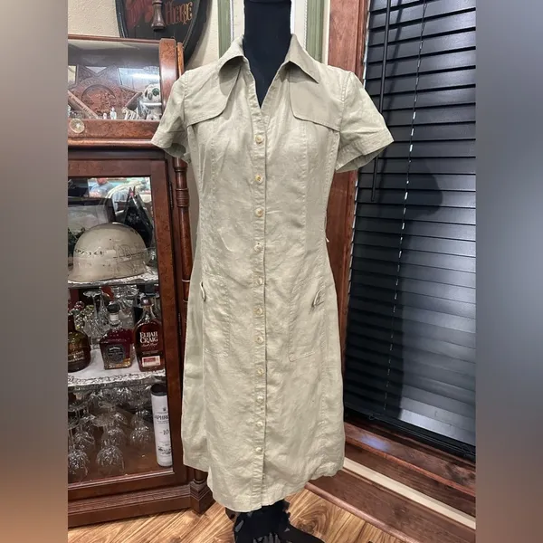 Anne Klein A-Line 100% Linen Safari Shirt Dress Khaki Green Utility Midi Size 4 - Image 4