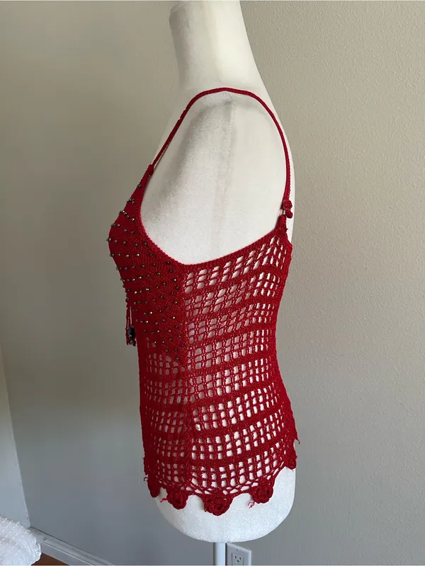 Red Crochet Beaded Cami Tank Top Size M - Image 5