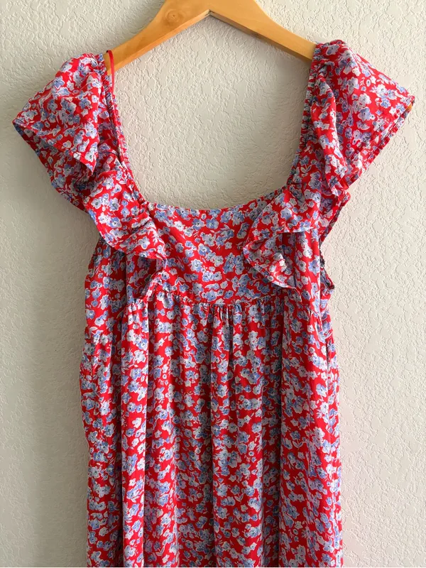 ZARA boho Red Blue Floral Ditsy Ruffle Frill Sleeve Summer Dress Size XS - Image 2