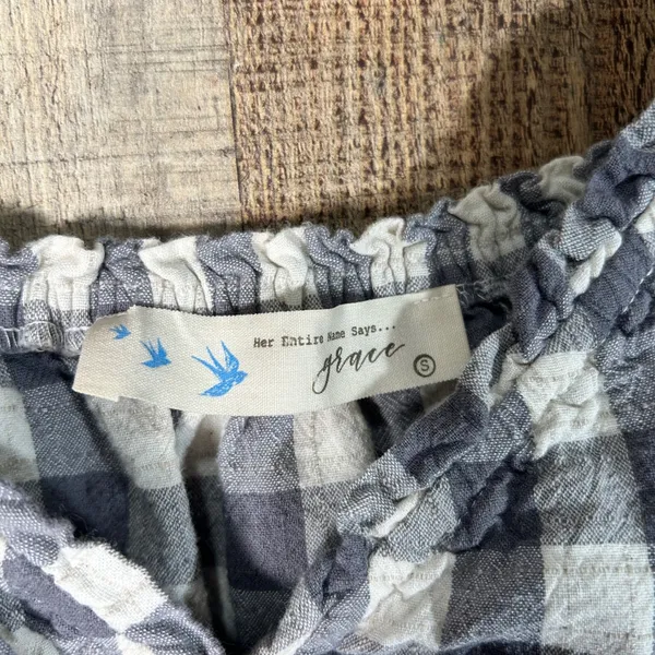 Her Entire Name Says Grace Gray White Gingham Smocked Milkmaid Mini Dress S Puff - Image 5