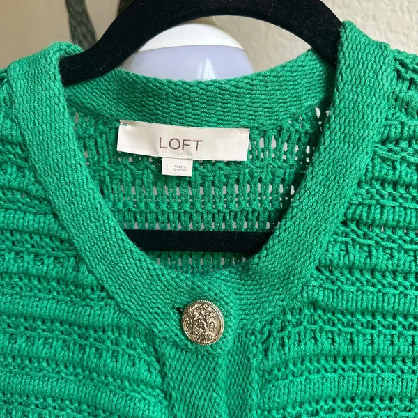 LOFT Women’s Green Chunky Crochet Cardigan Long Sleeve Sweater with Gold Buttons - Image 3