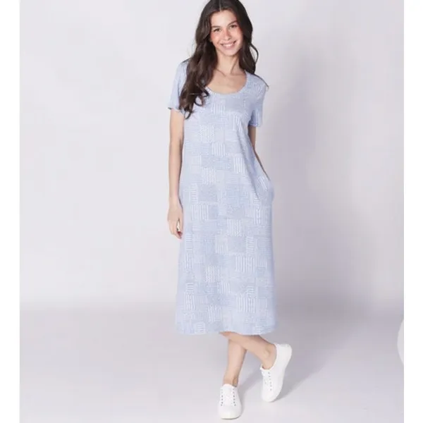 Cuddl Duds CottonWear Midi Dress L Blue Print Casual Soft Lounge‎ - Image 8