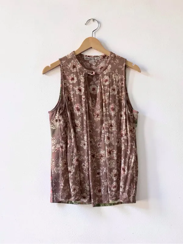 Gypsies & Moondust Floral Crinkle Sleeveless V-Neck Tank Top Brown Pink Large - Image 2
