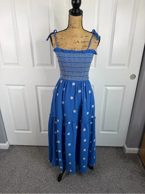 Boutique Sz S Blue Daisy Smocked Tie Strap Tiered Maxi Dress Cottagecore - Image 2