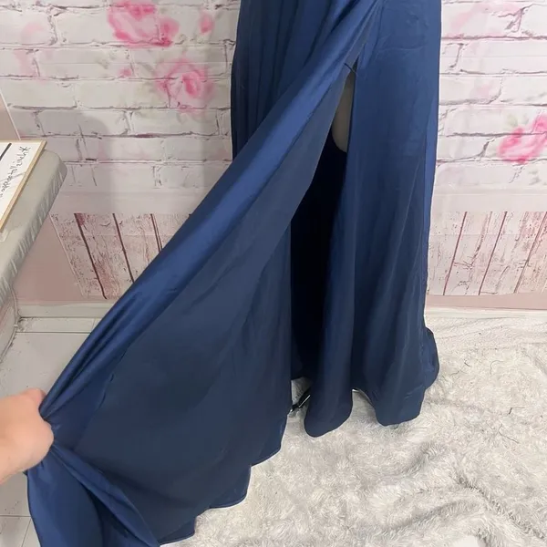 La Femme blue satin v neck ruched bodice ball gown style 28607 - Image 7