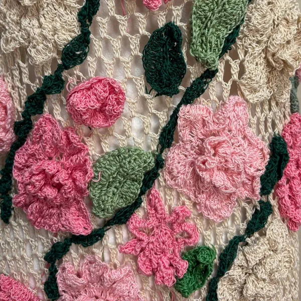 Crochet Floral Swim Cover Up Dress Beige Pink Stretch Boho Beach Festival OSFM‎ - Image 2