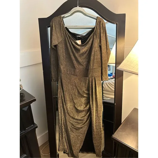 NEW Off Shoulder Bodycon Long Sleeve Ruched Slit Glitter Cocktail Dress XL - Image 2
