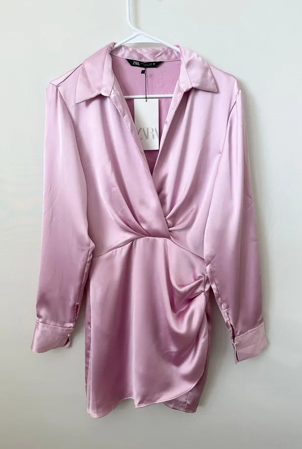 mini dress satin effect drapped long sleeve pink party wedding coctail - Image 4