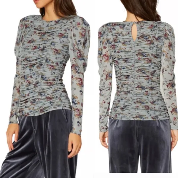 Anthropologie Current Air Women's Floral Ruched Long Sleeved‎ Mesh Blouse Small - Image 2