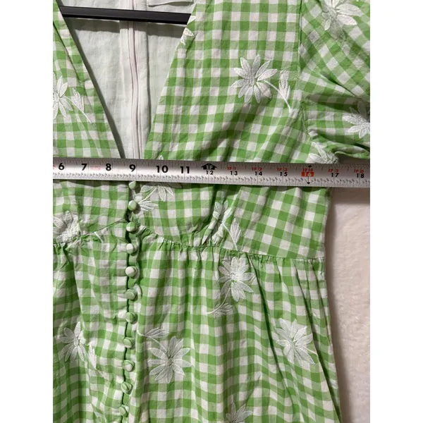 Sabo Skirt Green Gingham Floral Embroidered Mini Dress Womens Size 8 L V-Neck - Image 5