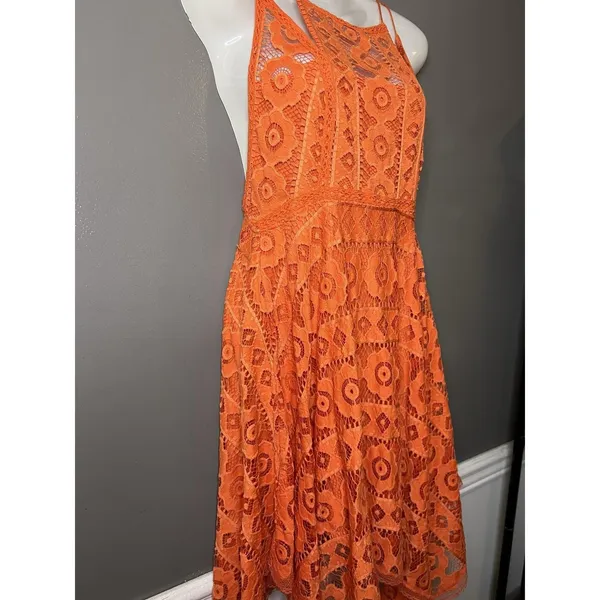 Free People Dress Womens 4 Orange Lace Halter Fit & Flare Short Boho Sundress - Image 3
