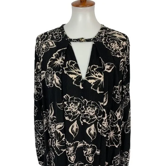 Free People Black White Floral Print Long Sleeve Tunic Top Size Small‎ - Image 2