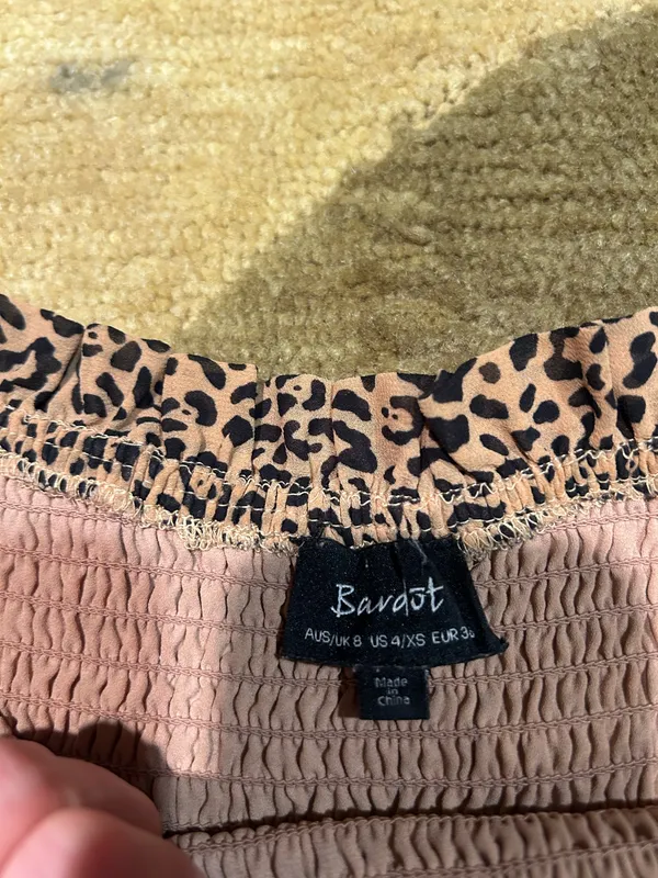 Bardot Leopard Print Animal Print Ruffle Mini Dres Off The Shoulder Smocked XS - Image 3