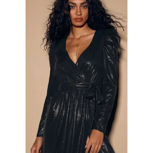 Lulus Dream Big Metallic Puff Long Sleeve Midi Dress in Black Size S - Image 2