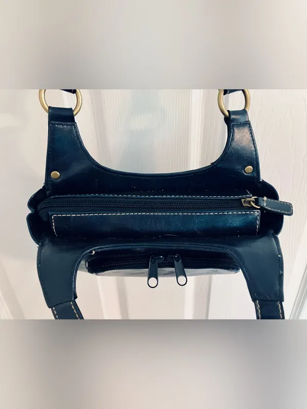 Navy Blue Shoulder Bag Purse Tote w/ Gold-Tone Accents: Faux Leather, Small - Image 5