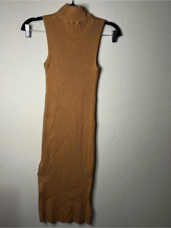 M Magaschoni Camel‎ Ribbed Knit Mock Neck Side Slit Midi Sweater Dress - Image 8