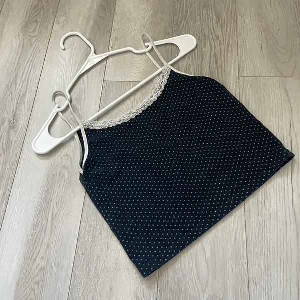 Brandy Melville Tank Top cotton polka dot lace crop womens Navy Blue one size - Image 2
